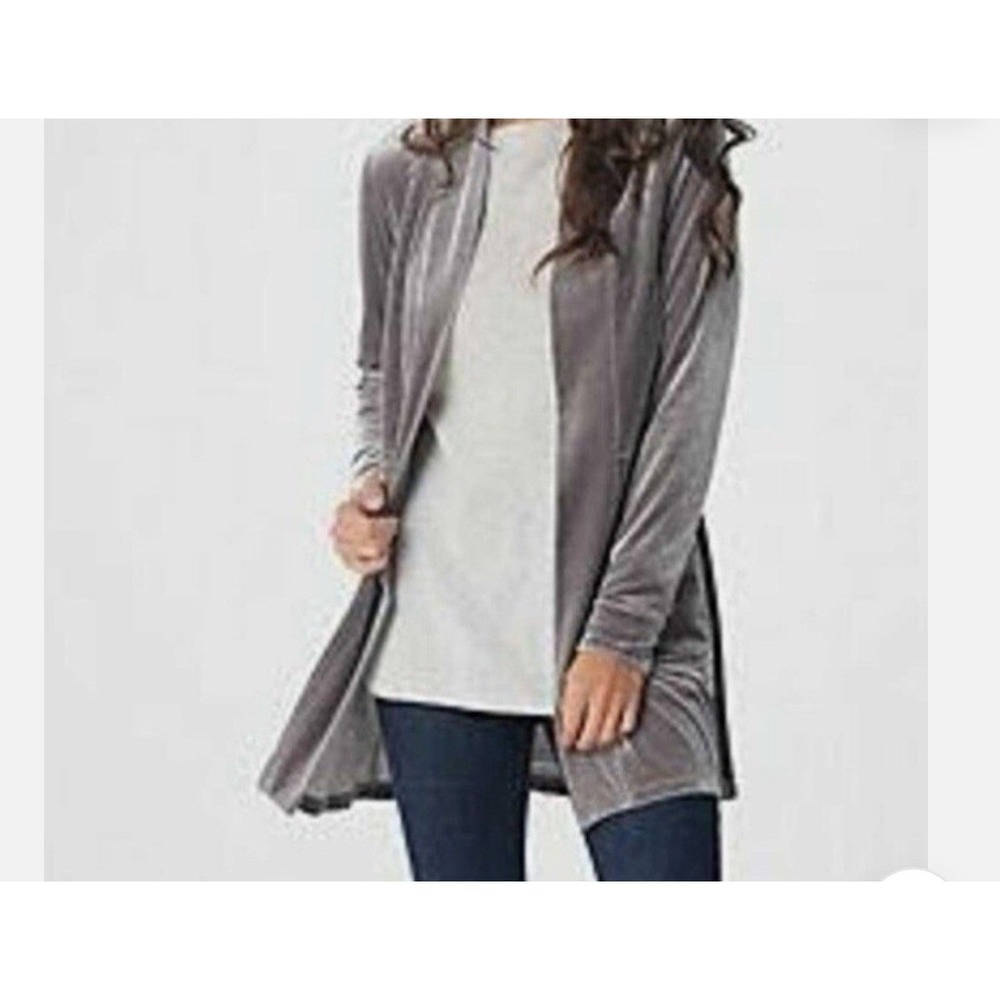 Issac Mizrahi Open Front Velour Cardigan Size XXS Grey with Pockets - Picture 6 of 6